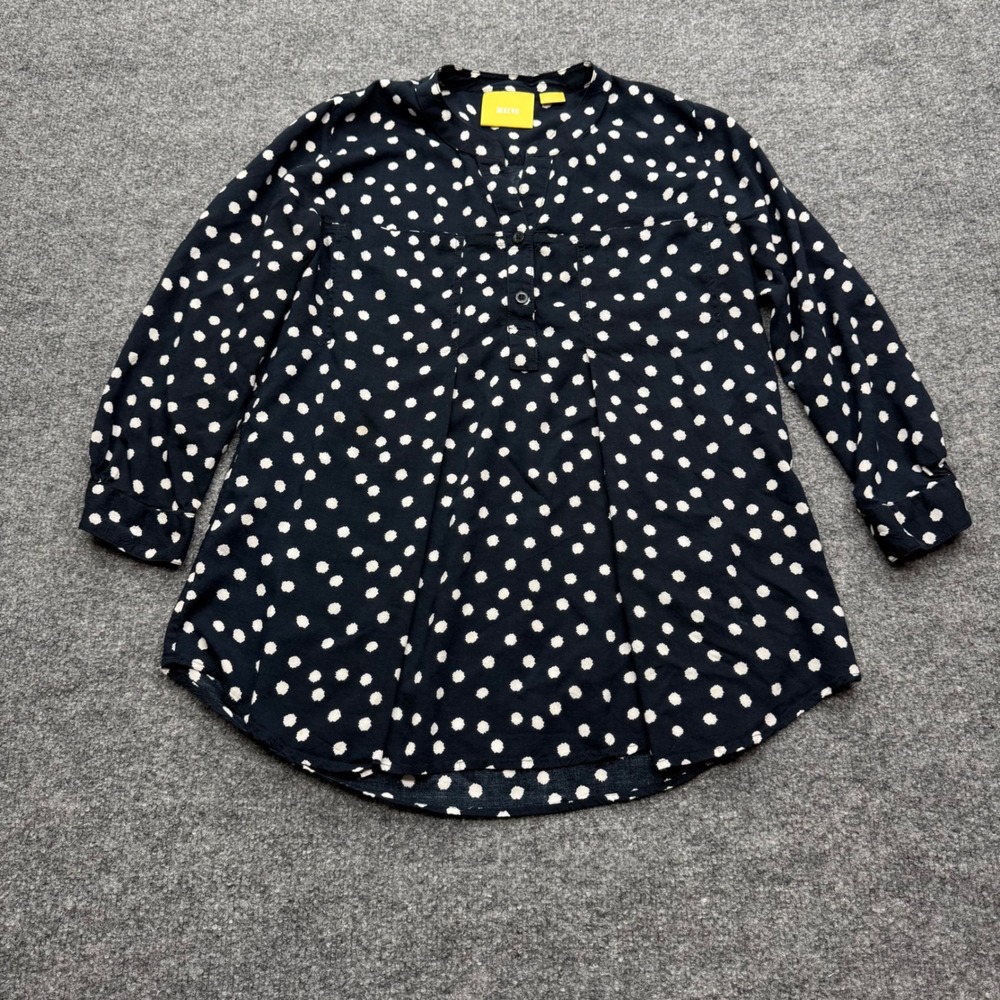 Maeve Anthropologie Navy Blue White Polka Dot Split Neck Blouse Small